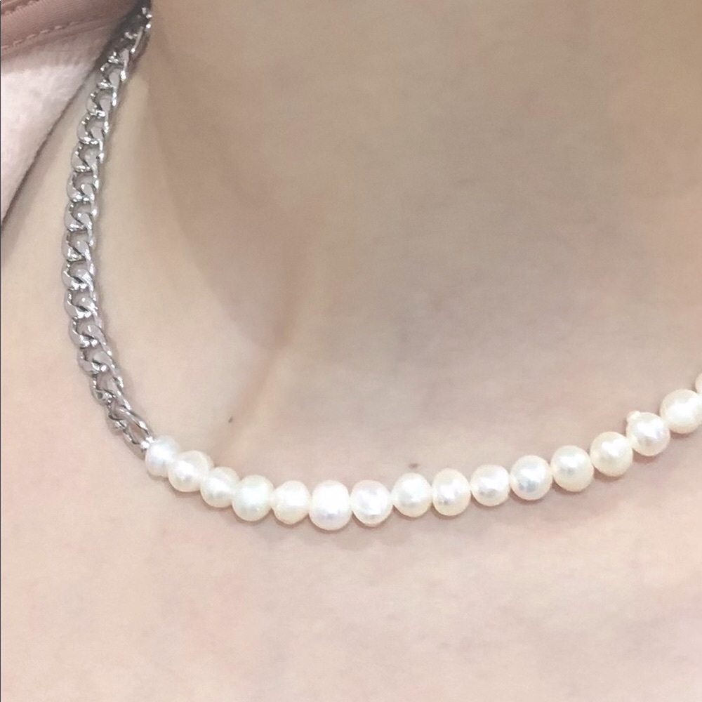 Gift 🎁 Half pearl half chain Contemporary Freshwater Pearl Cuban curb Necklace - Picture 2 of 8